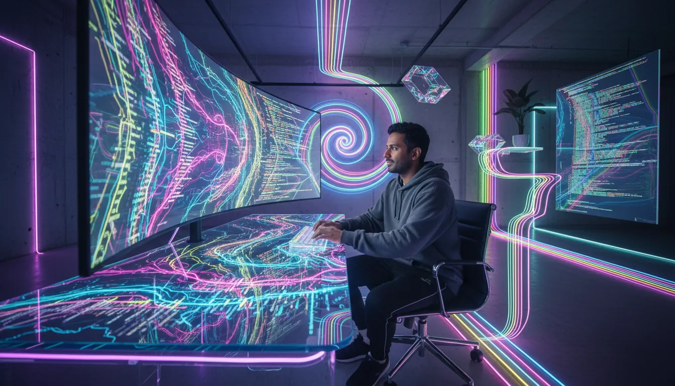A diverse modern programmer coding in a neon-lit, minimalist tech workspace.